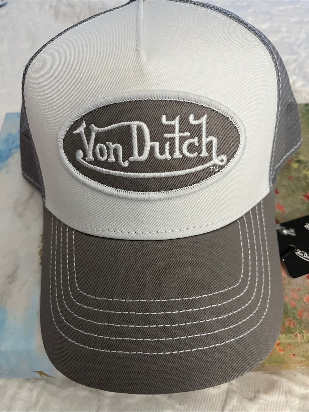 Von Dutch White and Gray Mesh Logo Trucker Hat